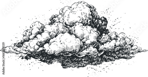 Ink drawn stormy cumulonimbus cloud with scattered rain dots