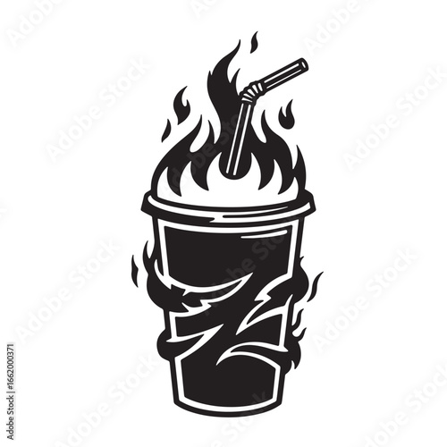 Fiery takeout drink illustration with straw and flames depicting intense caffeine craving