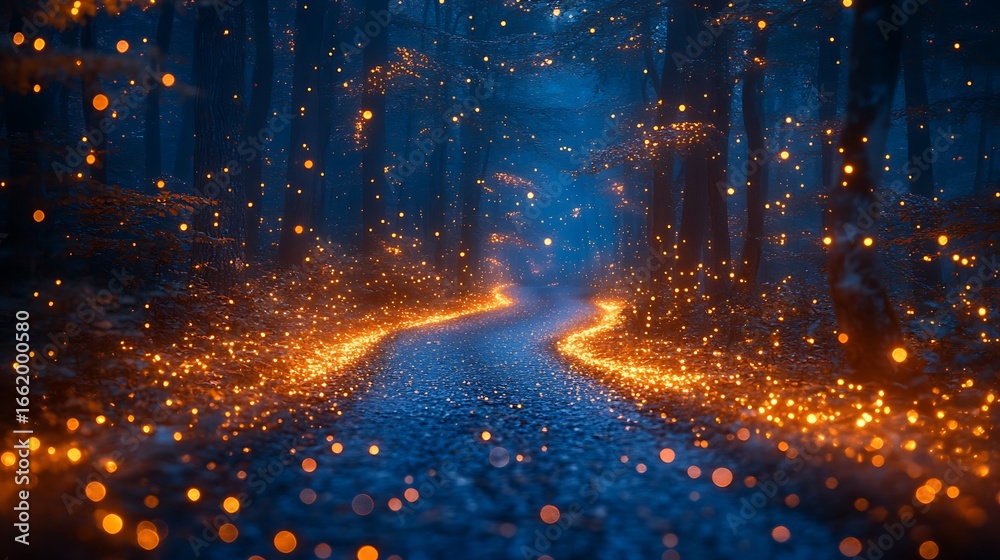 Naklejka premium Glowing path in mystical forest at night