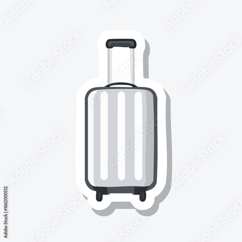 A detailed illustration of a modern silver suitcase with a retractable handle and wheels.