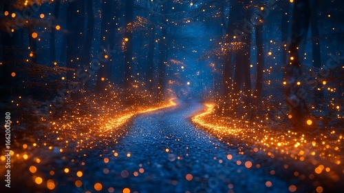 Glowing path in mystical forest at night