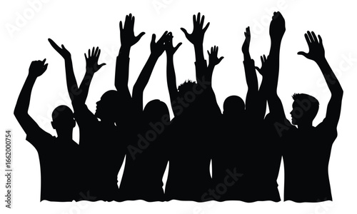 Silhouette of a crowd with raised hands cheering and celebrating in unison with excitement