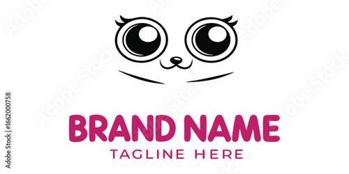 Cute kawaii cat face logo with brand name placeholder