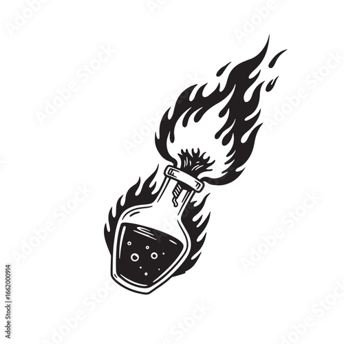 Flaming molotov cocktail outline illustration of a glass bottle filled with dangerous contents