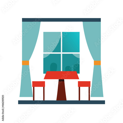 Dining Space with Large Window and Curtains Vector