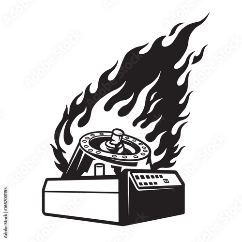 Illustration of a machine with flames suggesting destruction and overheating danger concept