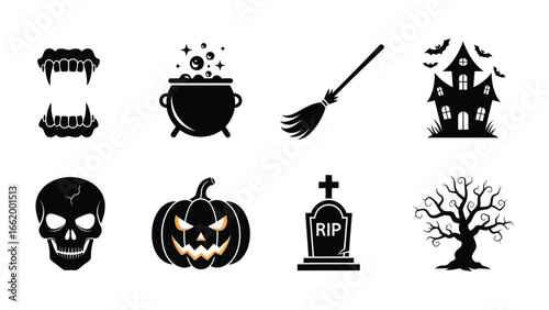 Halloween Icons: An assortment of spooky Halloween icons, rendered in a sleek, minimalist design that captures the spirit of the season. Includes classic symbols such as bats, broom and others.