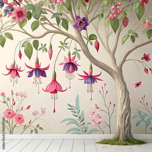 A tree with colorful flowers and leaves is painted on a pale wall above wooden floor