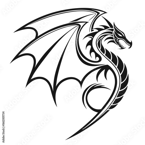 Vector tribal tattoo design featuring a majestic dragon head illustration in a stylized black silhouette