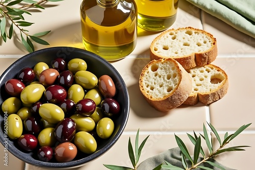  a closeup of olives in a bowl with olive oil bottles and bread slices, showcasing mediterranean ingredients