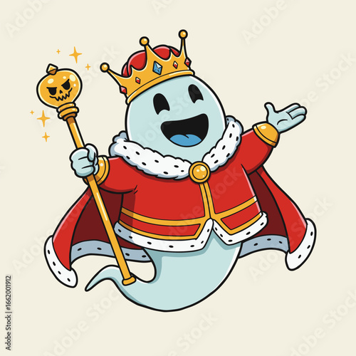 Cheerful cartoon ghost king in a red royal robe and jeweled crown, holding a pumpkin-topped scepter with a friendly gesture.
