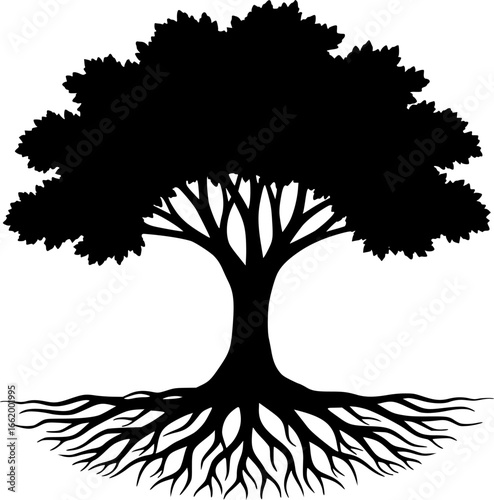Abstract black tree silhouette with winged roots, a nature vector art design
