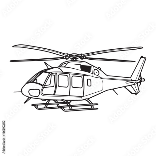 Vector art of outline drawing of a modern helicopter isolated on a, showcasing its sleek design and aerodynamic features for air travel and transportation