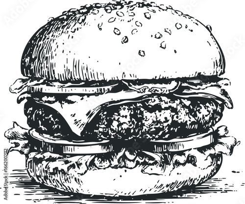 Detailed Hand Drawn Burger Illustration with Sesame Seed Bun