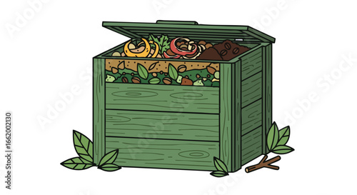 A Green Wooden Compost Bin Filled with Kitchen and Garden Waste Illustration in a Cartoon Style, Ideal for Eco-Friendly Lifestyle and Sustainability