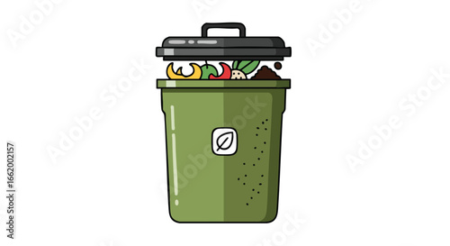 Green compost bin cartoon with food scraps for waste recycling and environmental protection awareness in ecological sustainability concept