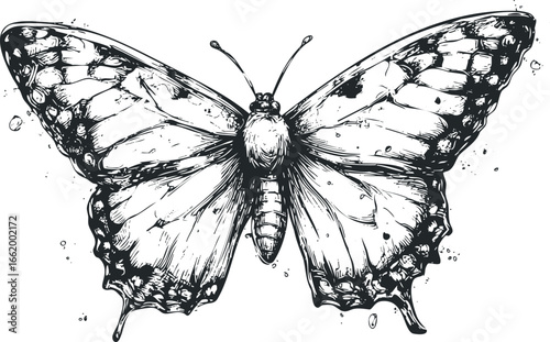 Detailed ink sketch of a swallowtail butterfly with black and white wings