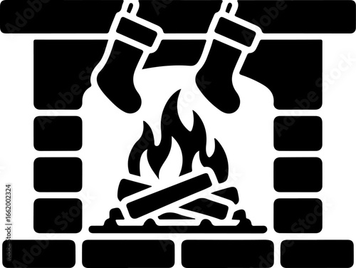 black silhouette of a cozy fireplace with visible logs burning and flames gently flickering