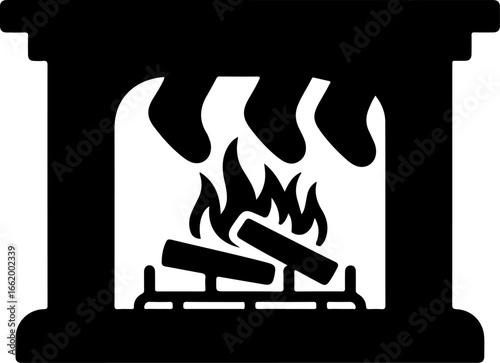 black silhouette of a cozy fireplace with visible logs burning and flames gently flickering