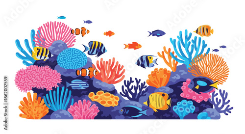 Colorful underwater world scene showcasing various fish species swimming amidst vibrant coral reefs, creating a lively marine ecosystem illustration
