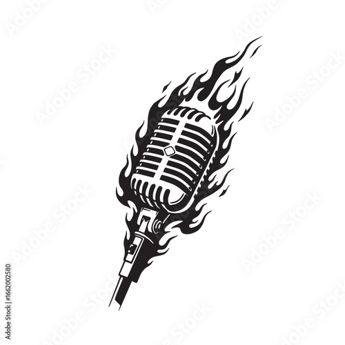 Retro burning microphone artwork illustrating music performance and sound design concept