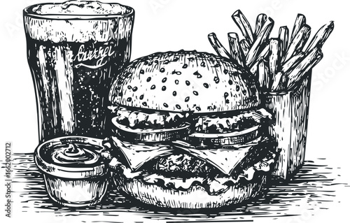 Detailed Sketch of a Savory Burger with Fries and Drink
