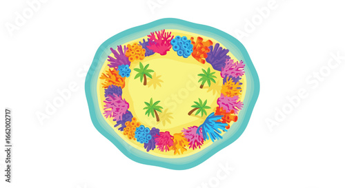 Enchanting coral island illustration with lush palm trees and a vibrant reef encircling golden sands conveying tropical paradise allure