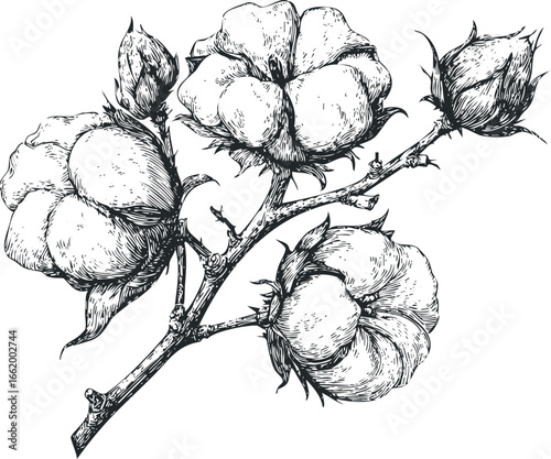 Vintage Engraving of Cotton Bolls and Branches on White