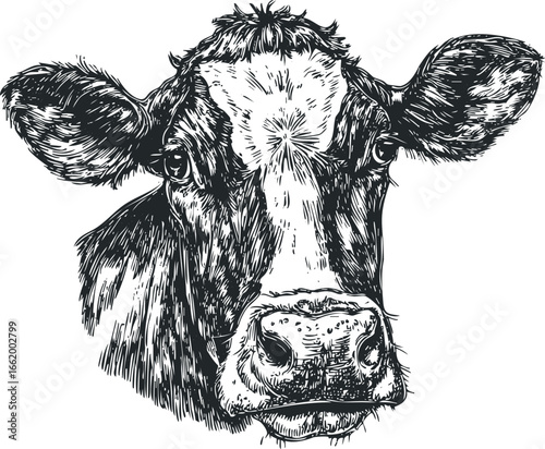 Black and White Sketch of a Holstein Cow's Face