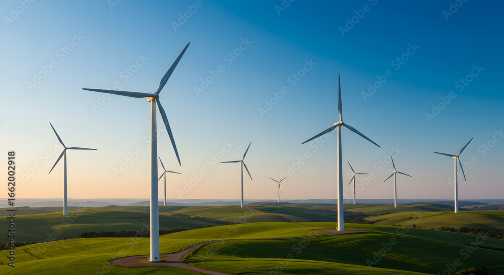 Wind farm with modern turbines on rolling green hills at sunrise, generating clean renewable energy for a sustainable future. Wind farm with modern turbines on rolling green hills at sunrise, generating clean renewable energy for a sustainable future.