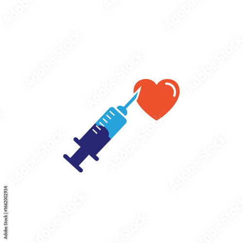 Illustration of a syringe injecting into a heart, representing medical care and love.