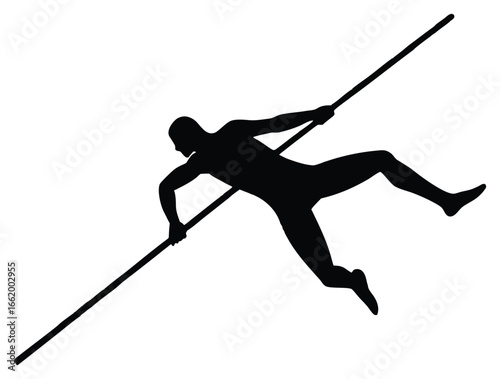 Silhouette of a pole vaulter in action with dynamic movement on a white background