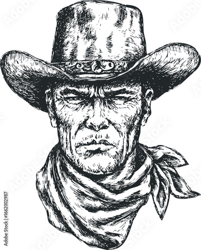 Intense Cowboy Portrait with Bandana and Wide-Brimmed Hat Sketch