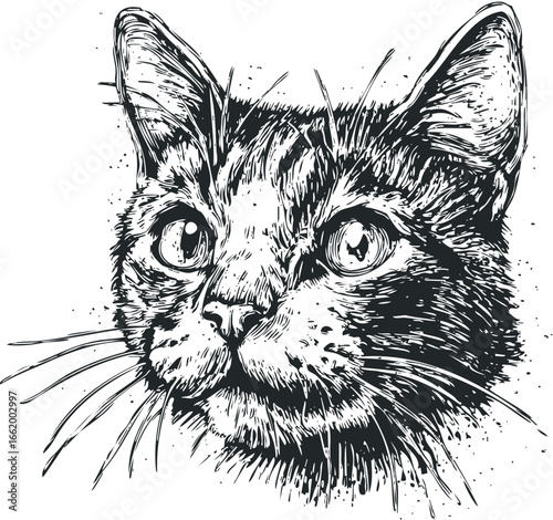 Striking hand-drawn sketch of a tabby cat's intense gaze and whiskers