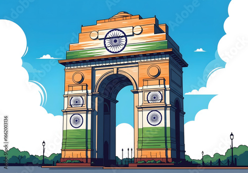 Iconic India Gate archway adorned with the vibrant Indian national flag colors and Ashoka Chakra, standing proudly against a clear blue sky.