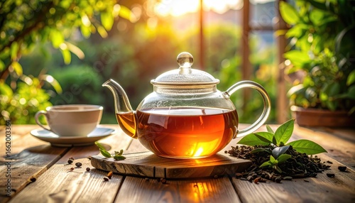 Glass Teapot with Tea Leaves on Wooden Table during Sunset