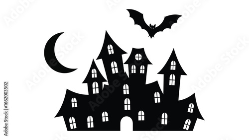 Haunted house silhouette: A spooky silhouette of a haunted house, with a bat and moon, evoking the eerie atmosphere of Halloween. 