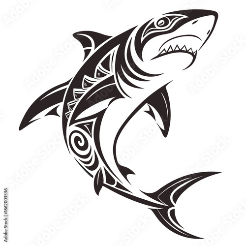 A black tribal fish vector tattoo design with a wild shark silhouette and an eagle head symbol