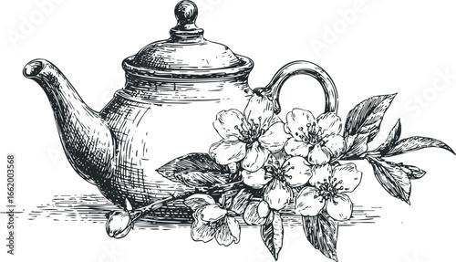 Sketch of a vintage teapot with blossoming cherry branches
