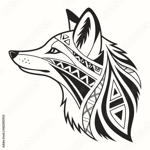 A fierce black wolf head tattoo vector illustration with a tribal design, a symbol of the wild