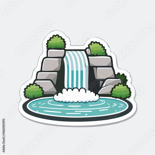 Cartoon illustration of a beautiful waterfall cascading into a serene pond with surrounding greenery.
