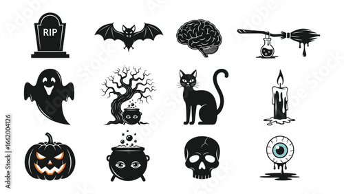 Spooky Halloween Elements: A collection of spooky icons perfect for any project, featuring a skull, haunted house, zombie, pumpkin, gravestone and witch's broom.