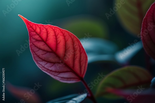  a single vibrant red leaf with intricate veins, set against a dark, blurred background