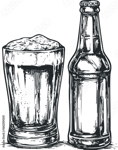 Drawn Beer Bottle and Foam Filled Glass
