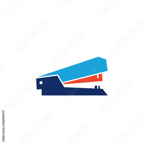 A blue and red stapler, a common office tool for fastening paper.