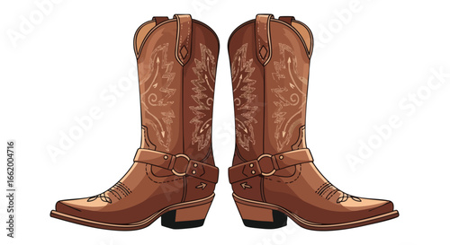 Pair of Ornate Western Boots Illustration Depicting Traditional Footwear with Decorative Stitching and Buckled Straps Design for Fashion and Style