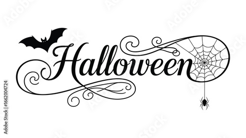 Spooky Halloween Design: A vintage inspired design, a dark bat perches above the word Halloween, a whimsical spider web, and a hanging spider evoke a sense of foreboding charm.