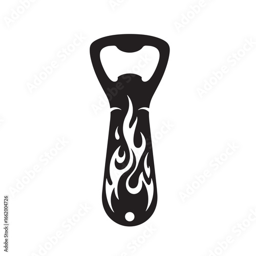 Vector illustration of a black and white bottle opener with a flaming fire design