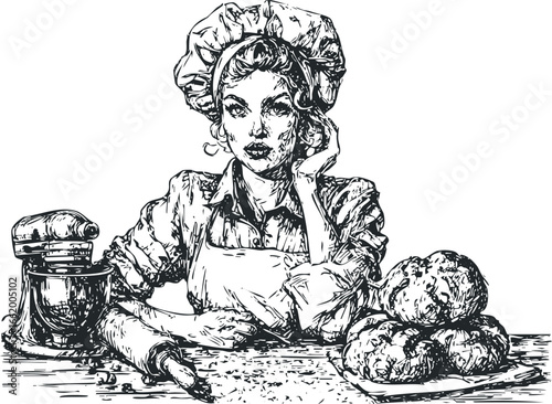 Woman baker with mixing bowl and baked goods in a sketch style