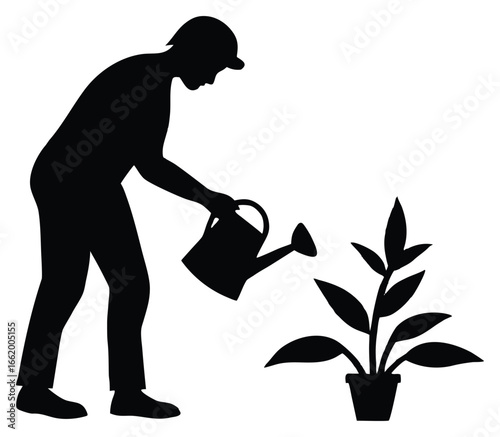 Silhouette of gardener watering plant with watering can in a simple minimalist style illustration